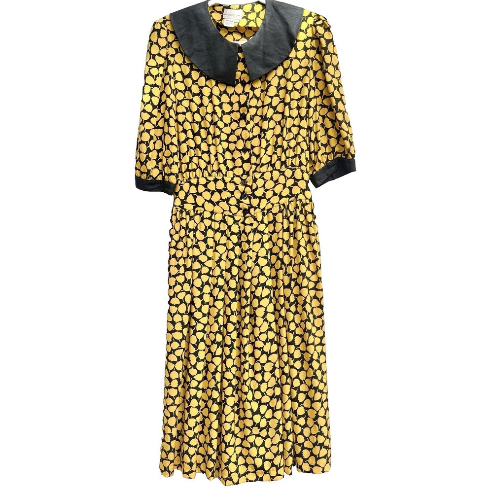 VTG 100%‎ Silk CADAZ Midi Dress 70s Tradwife yellow Black Tulips Collared Sz 12